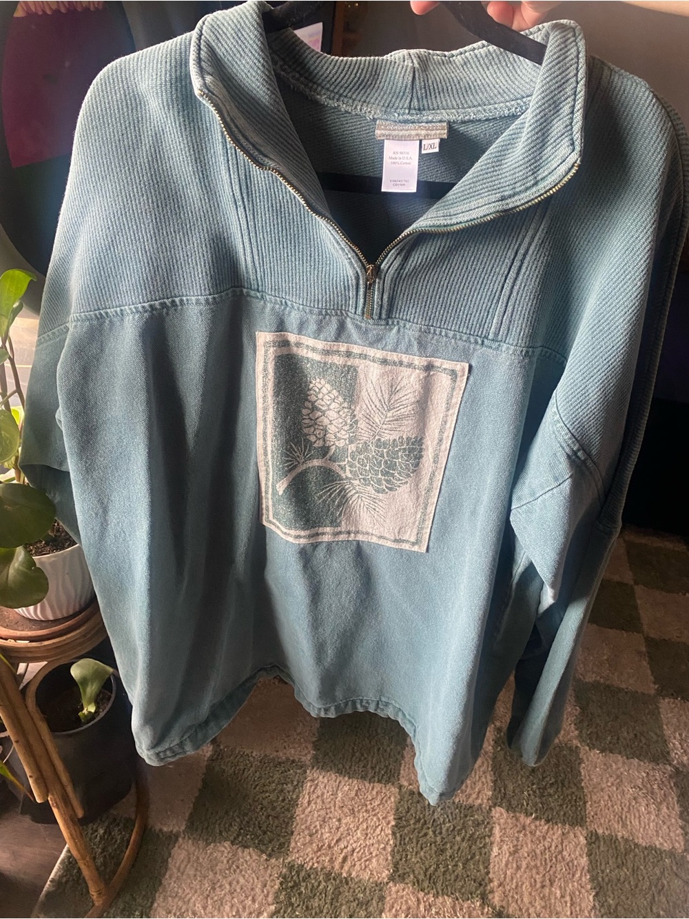 VINTAGE Coldwater Creek Teal Green Pinecone Quarter-Zip Sweater